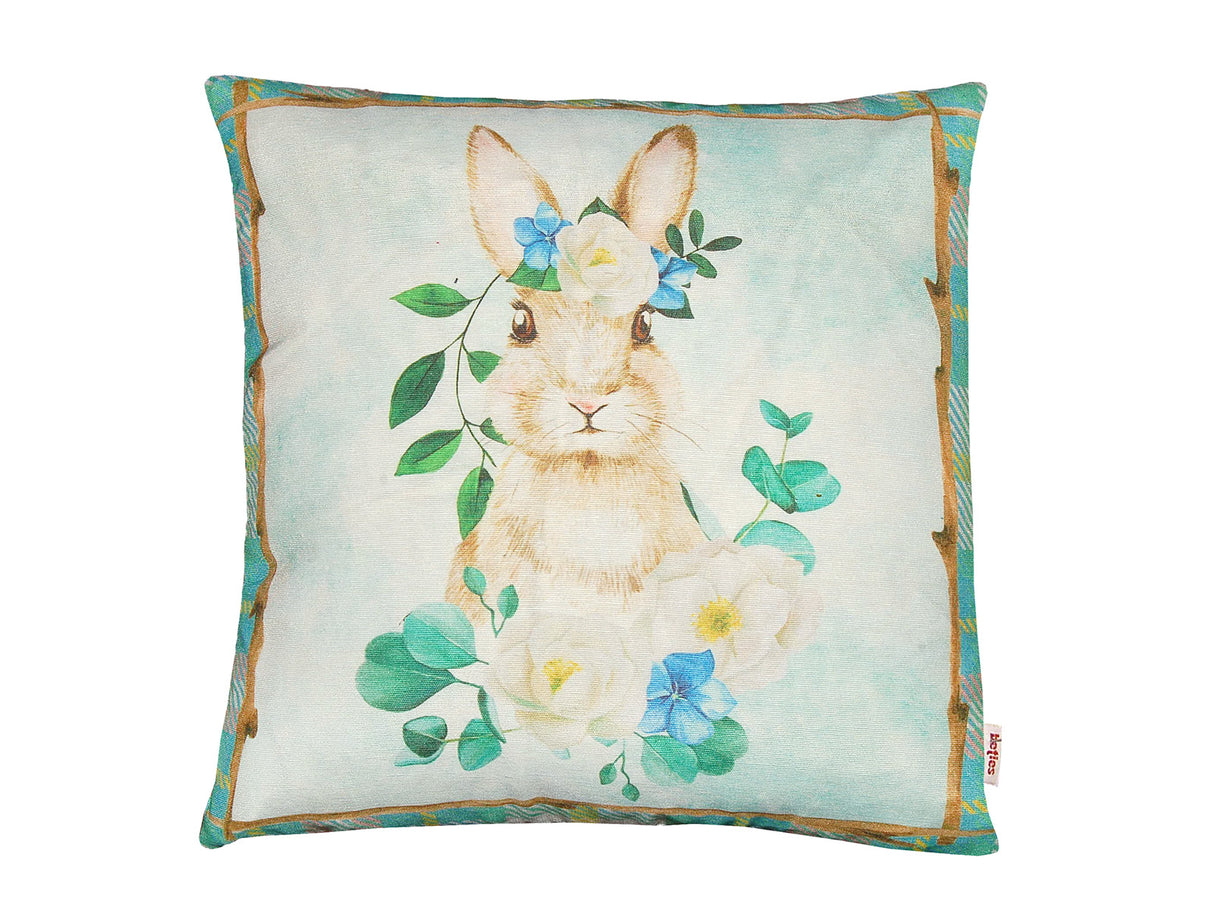 Kissenhülle ca. 40x40 cm romantisches Kaninchen-Motiv mit blauen und weißen Blumen im Landhaus-Stil beties "Hase Tilda"