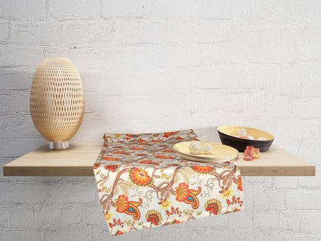 Chemin de table XL env. 40x220 cm motif Paisley/Boteh en beties orange-beige "Horrero"